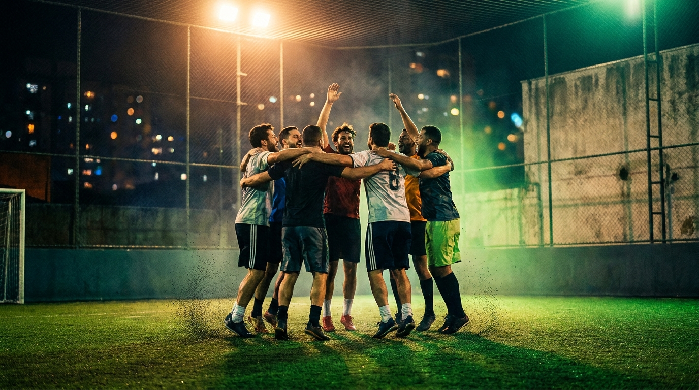Jogadores comemorando gol em quadra society à noite