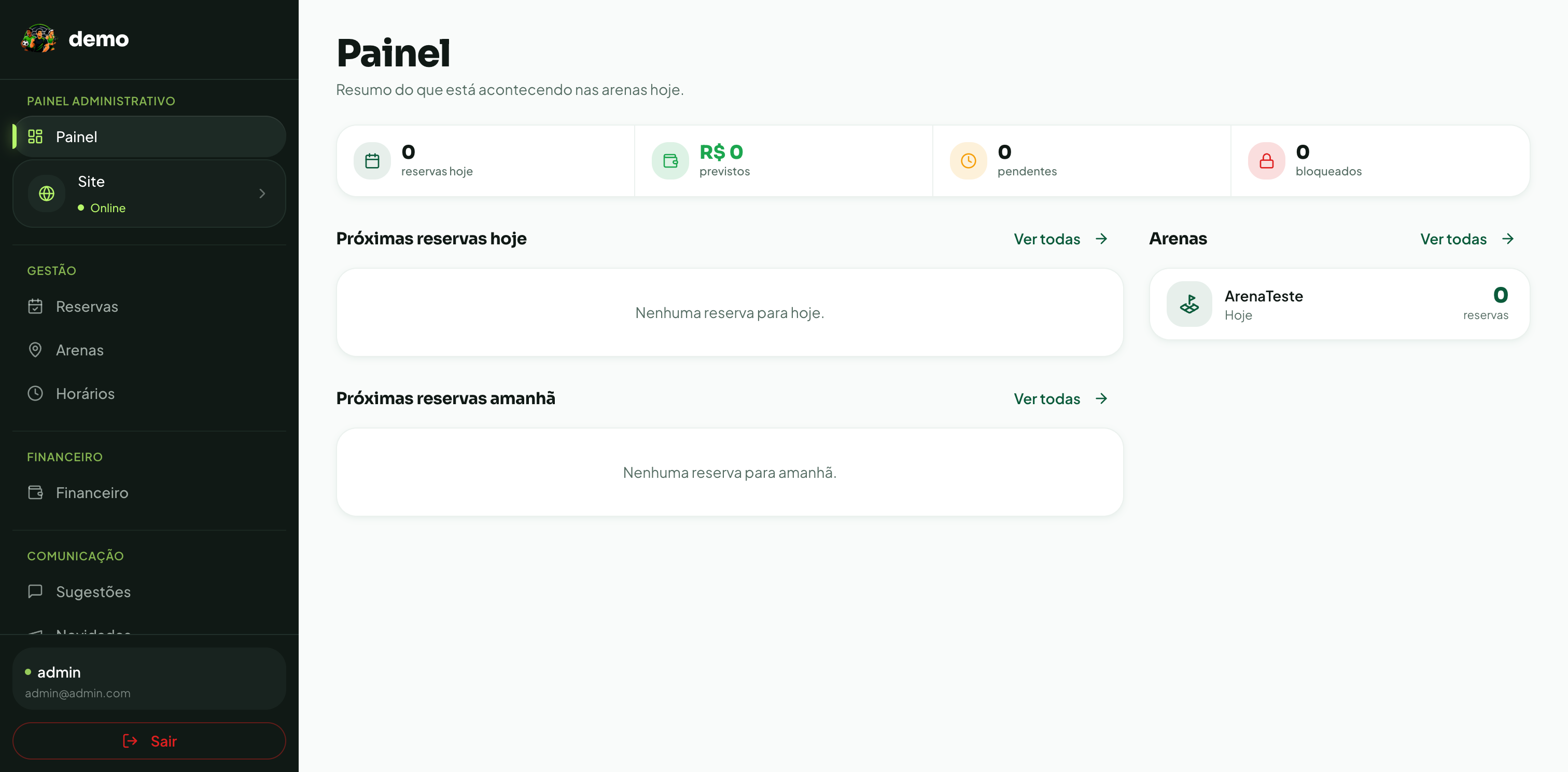 Painel do Arena+ com resumo de reservas do dia, faturamento previsto e pendências
