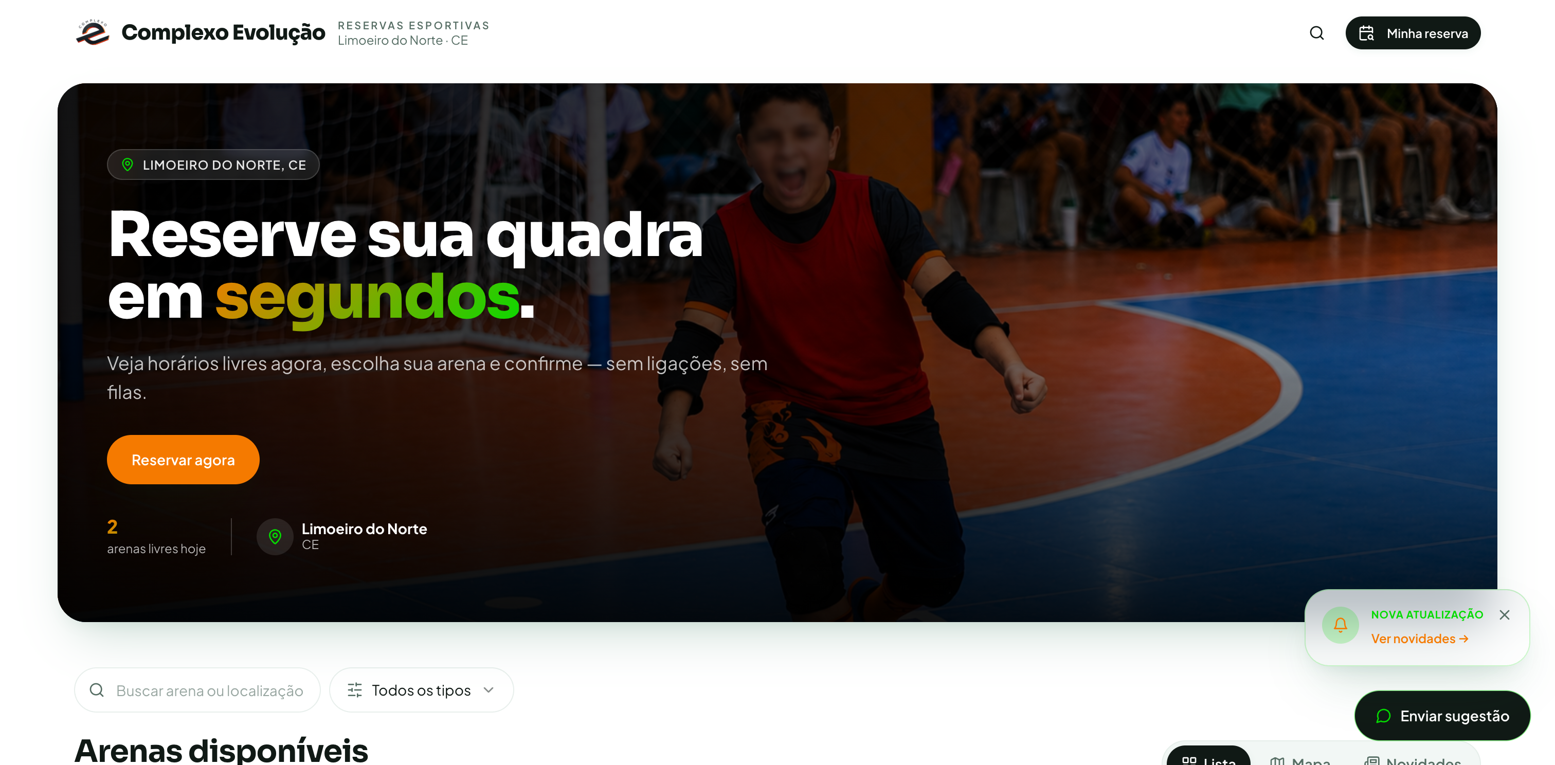 Site real do Complexo Evolução criado com o Arena+, com identidade própria e agenda de reservas